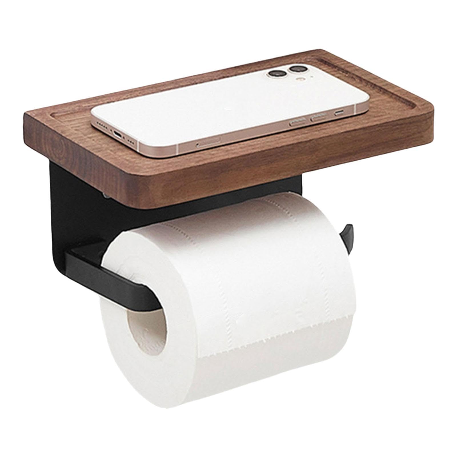 Buxuaaaa Wall Mounted Holder with Wood Shelf Black Stainless Steel Bathroom Storage for Phone and Essential Bathroom Tissue Holder