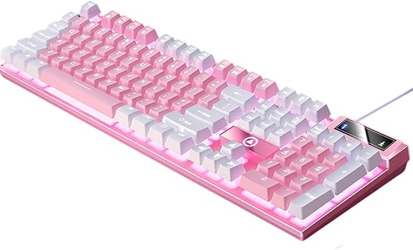 Gaming Keyboard, USB Quick Response 104 Keys Comfortable LED Lighting Effects, for PC Desktop Computer Game Office, Pink White