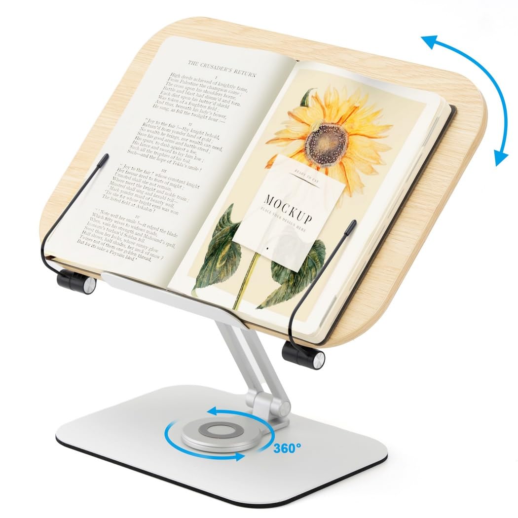 Supporto per libri regolabile in altezza con clip per pagina, supporto ergonomico in lega di alluminio per tablet, fogli musicali, libri di cucina e libri di testo