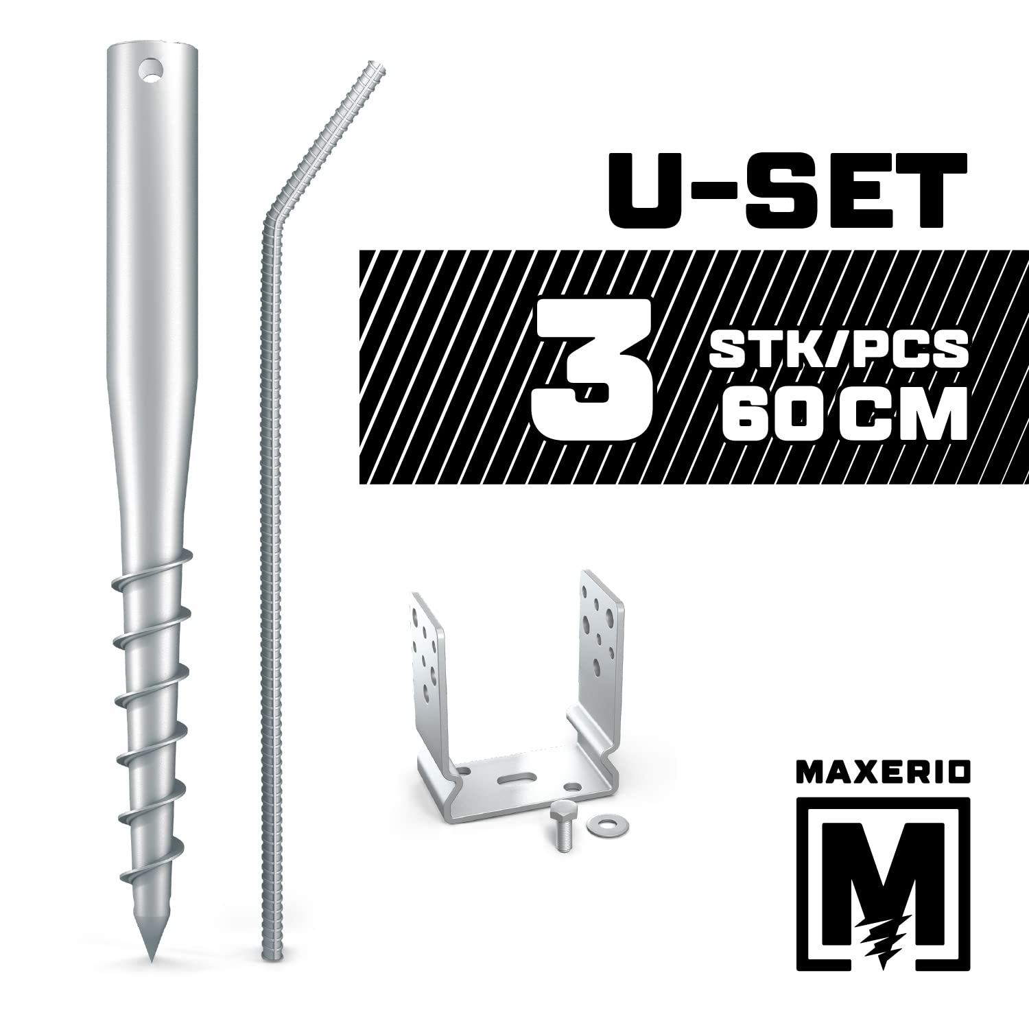 3 Piezas Multi-Set Screw Foundations 60cm Incl. Soporte de Poste (ángulo en U) 10cm