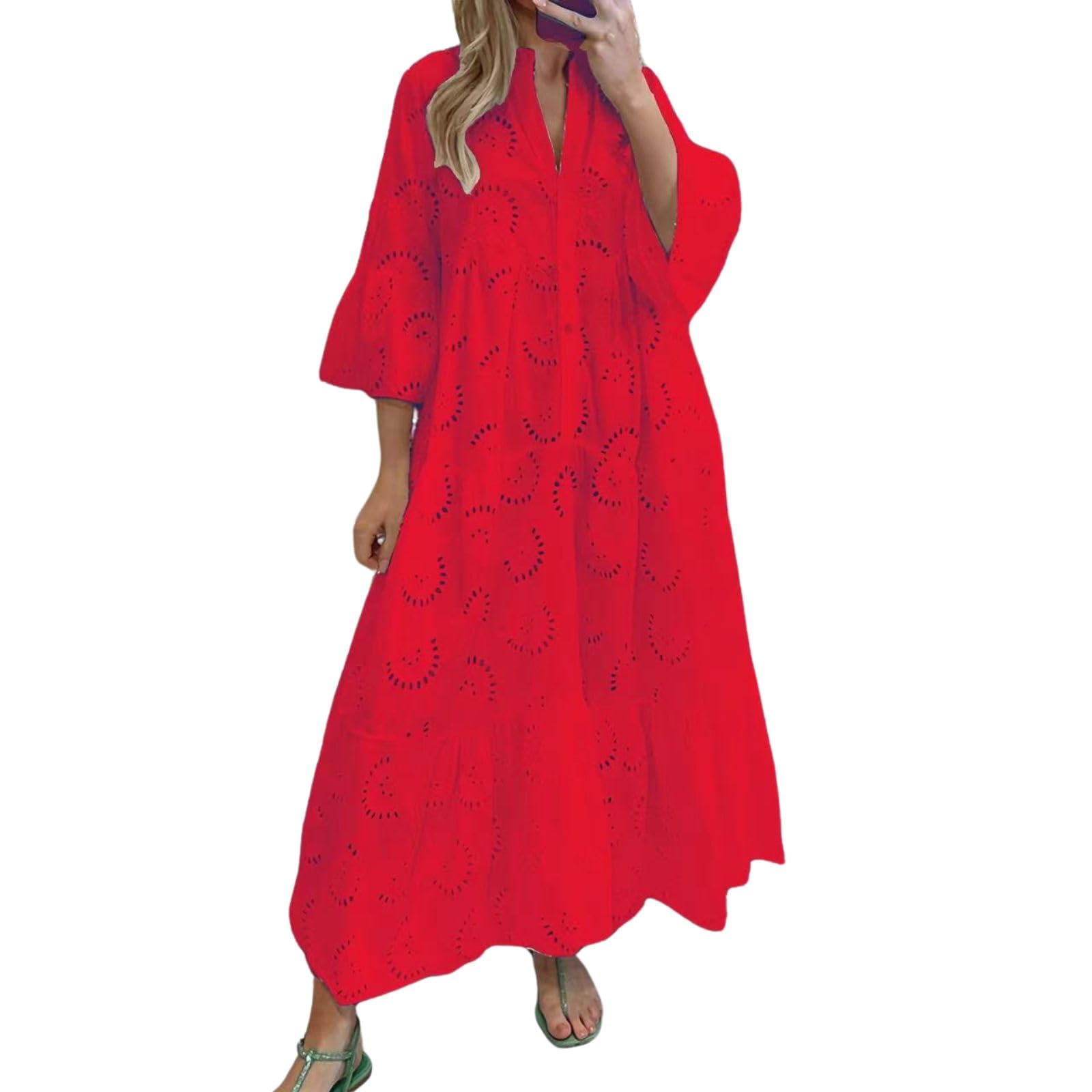 DMOYALA Women Eyelet Dress Boho Maxi Dress Elegant Lace Hollow Dress Summer V Neck Bell Sleeve Ruffle Casual Flowy Long Dress
