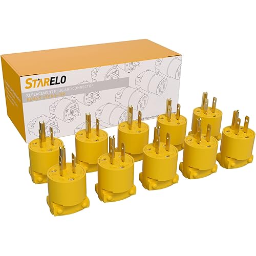 STARELO 10PCS Electrical Replacement Plug Extension Cord Ends Yellow Shell 125V 15A 2Pole 3Wire NEMA 5-15P 3-Prong Straight Blade Grounding Type UL Listed(Male).