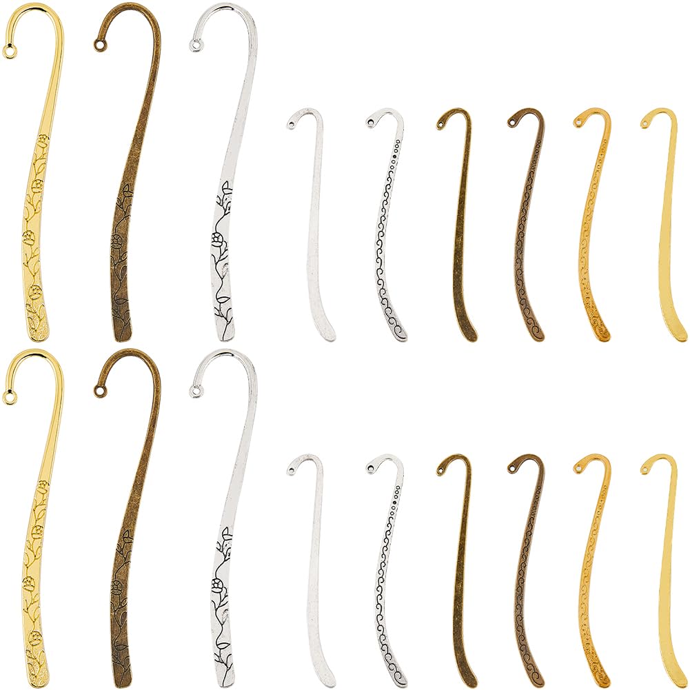 SUNNYCLUE 1 Box 18Pcs Metal Gold Bookmark Findings Alloy Bookmark Bulk Silver Tibetan Retro Vintage Carved Book Markers with Hanging Loops for Students Reading Making Supplies Craft Adult Women DIY