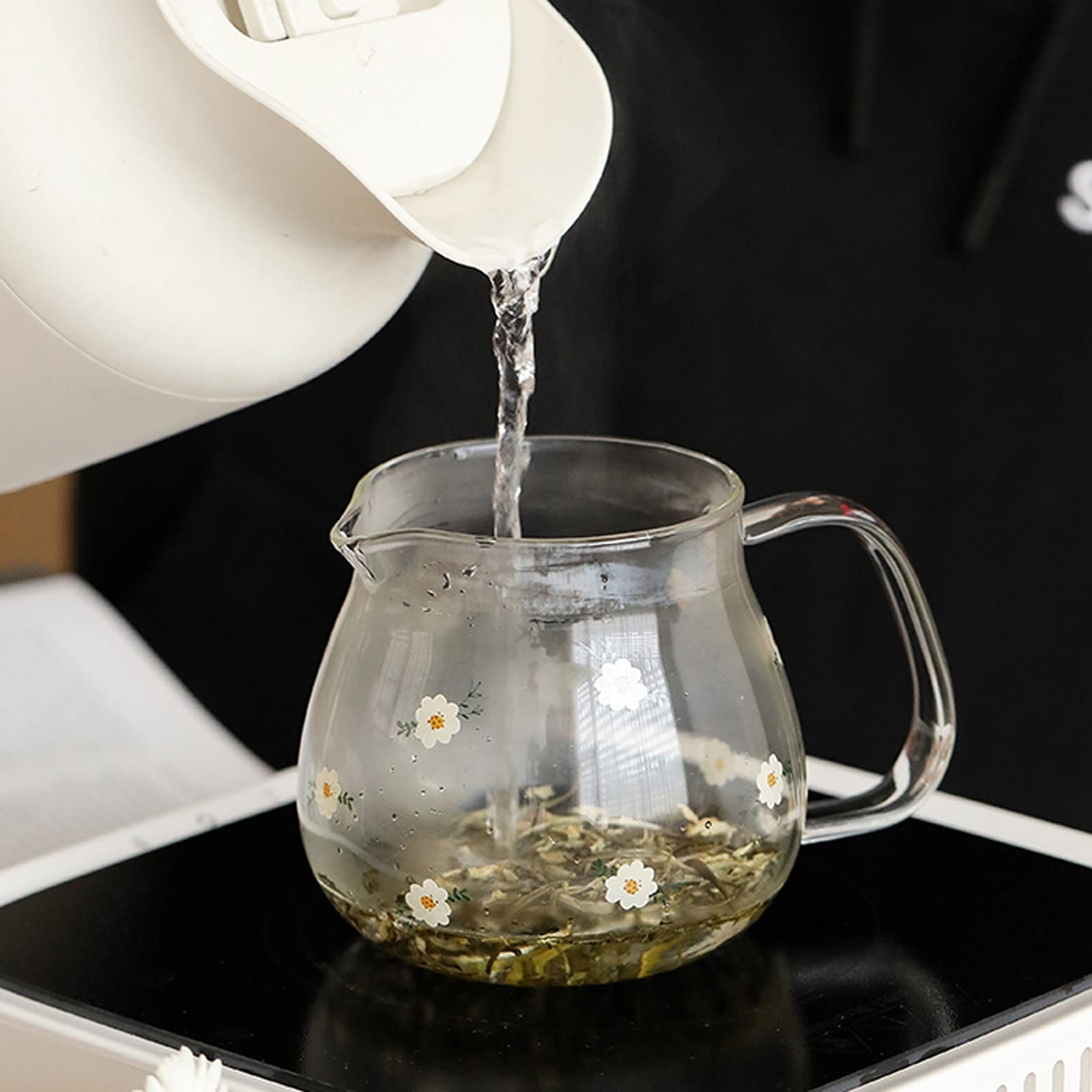 hervidores Jarra de Vidrio de Alta borosilicato con Cubierta de Filtro Lindo Agua fría Jarra Tetera pequeña para Jugo, Leche, Bebidas frías y frías (16.5 oz) cantimplora(A)