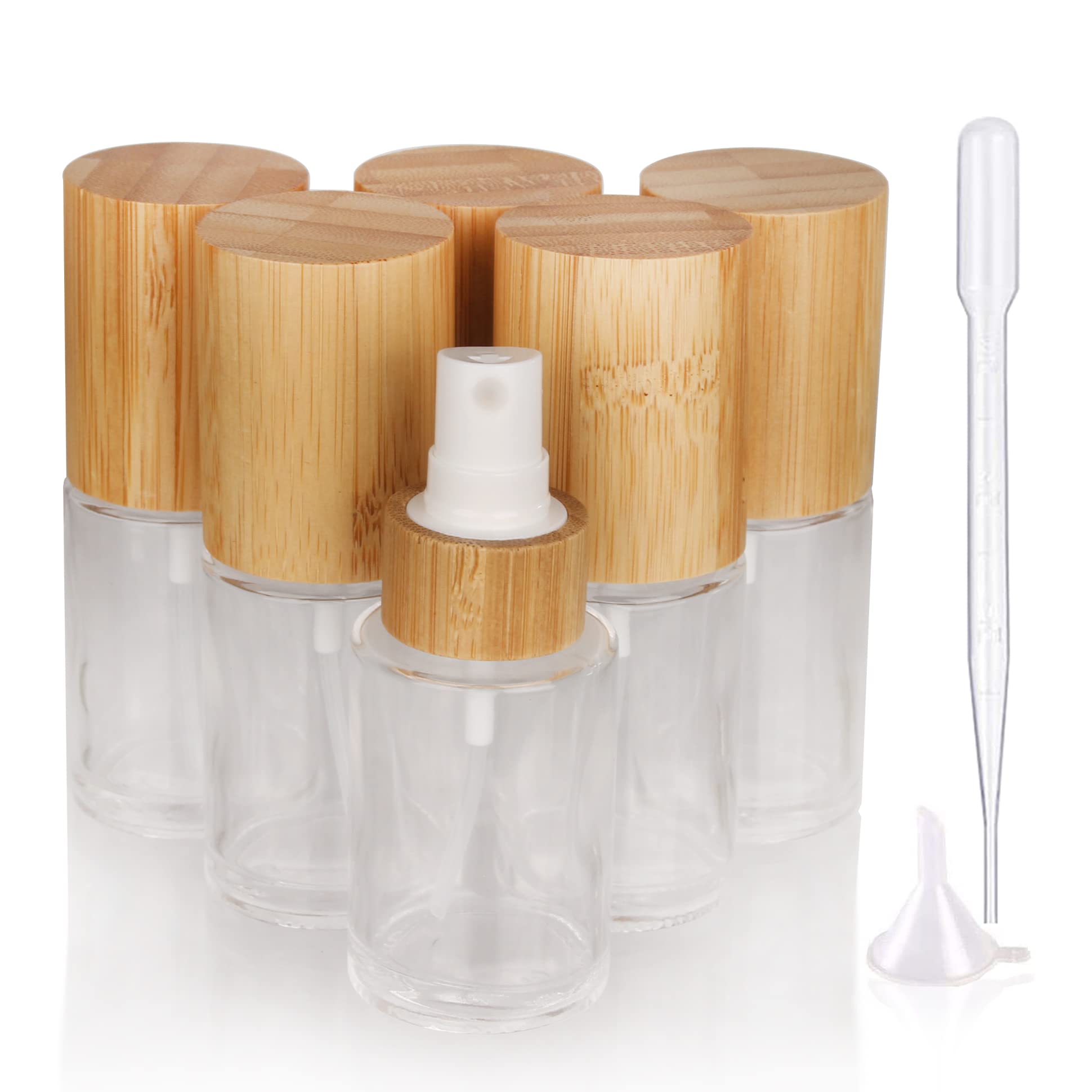 COSIDEA6 pcs Empty 1oz / 30ml bamboo lid clear glass spray bottle with fine mist despenser head for liquid perfume toiletries, toner bottles