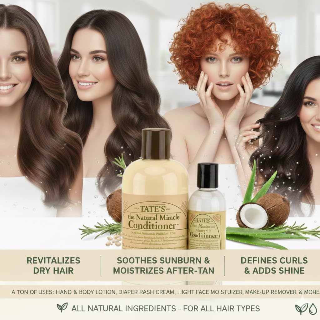 Tate’s Natural Miracle Conditioner – 18 fl oz with FREE 5 fl oz Mini, Unscented Natural Hair Conditioner for Dry, Damaged & Color-Treated Hair, Deep Moisturizing Repair, Multi-Use Skin & Body Lotion