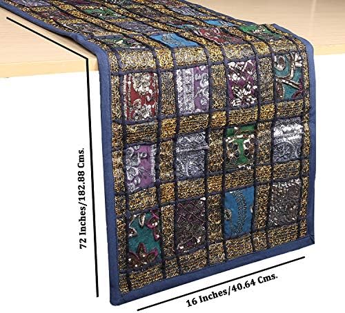Decorative Patchwork Table Runner - 40 x 182 cm Cotton Vintage Indian Dining Table Cloths Hand Embroidered Ethnic Colorful Sari Table Placemat for Wedding Party Decor - Navy Blue