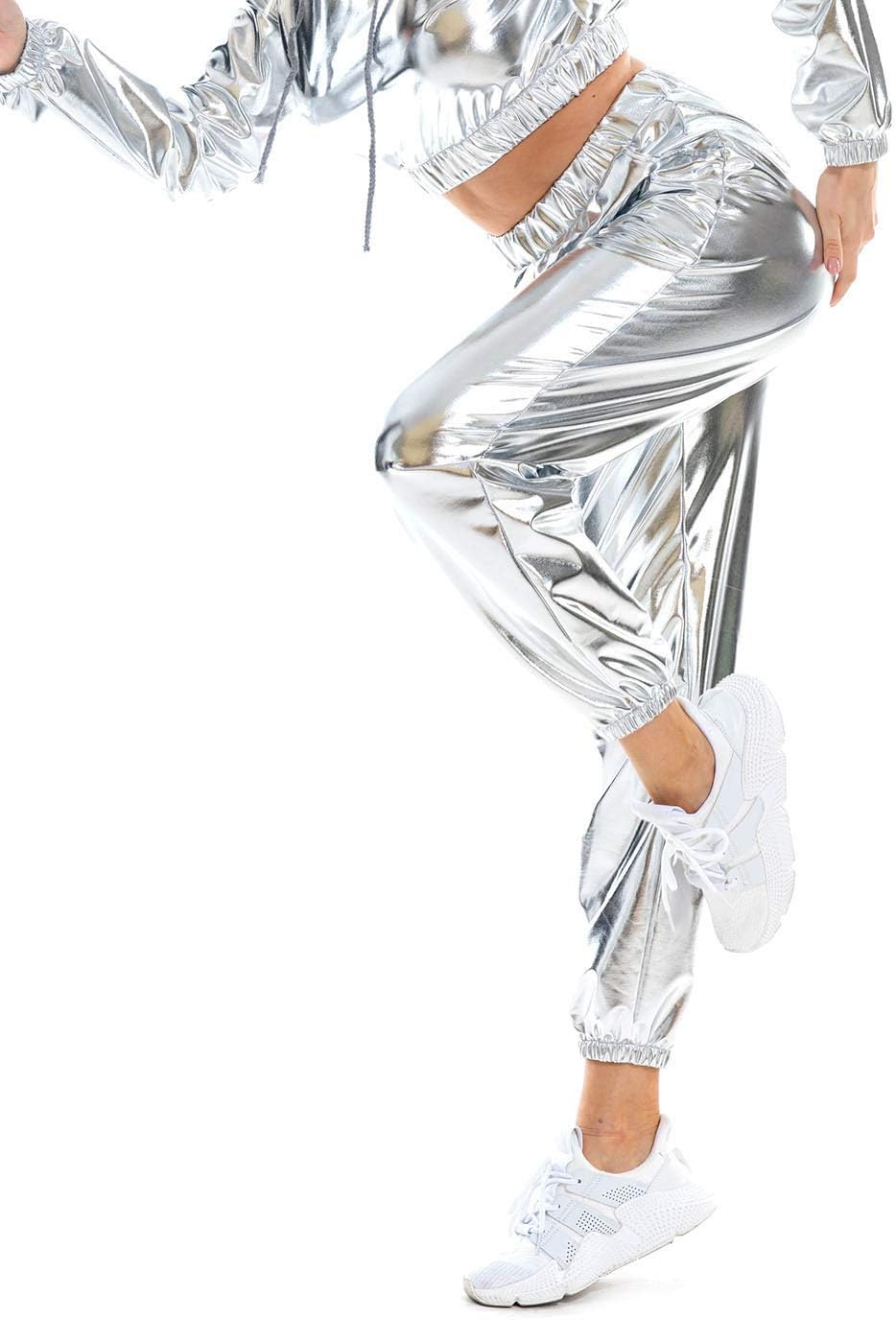 SIAEAMRG Womens Shiny Metallic High Waist Stretchy Jogger Pants, Wet Look Hip Hop Club Wear Holographic Trousers Sweatpant - Image 5