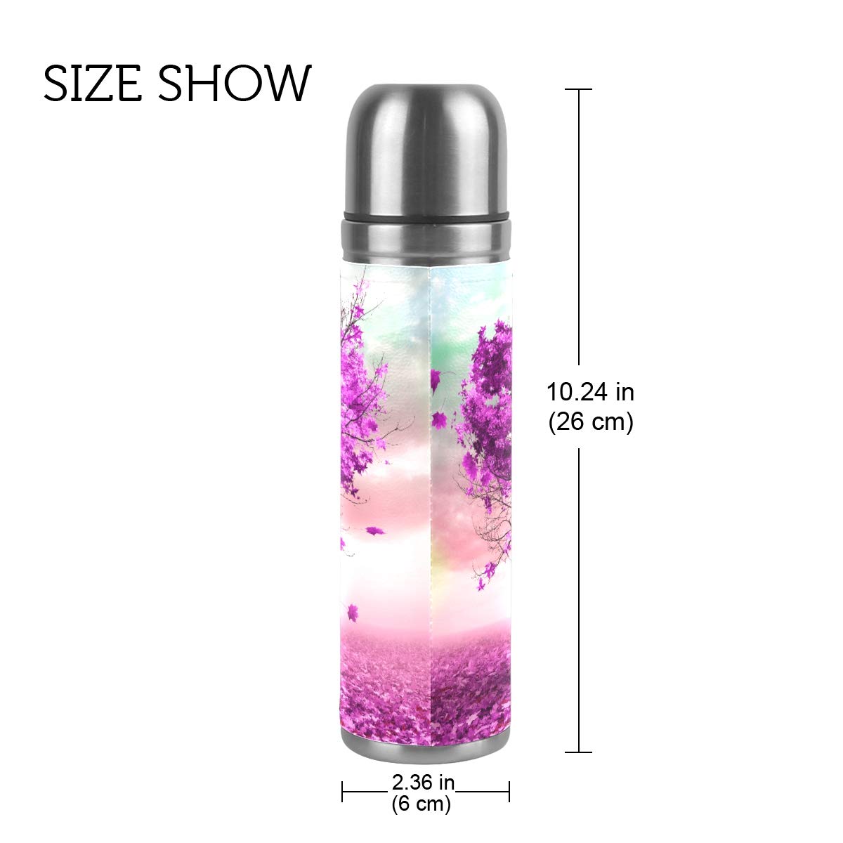 Taza de viaje aislada al vacío de acero inoxidable con doble pared a prueba de fugas, frasco de 500 ml con diseño de corazón en forma de árbol de otoño personalizado impreso en piel auténtica