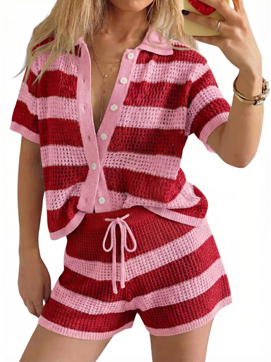 tankaneo Womens Crochet Swimsuit Coverup Summer 2 Piece Short Sets Striped Knit Short Sleeve Button Shirts Beach Outfits-picture-12