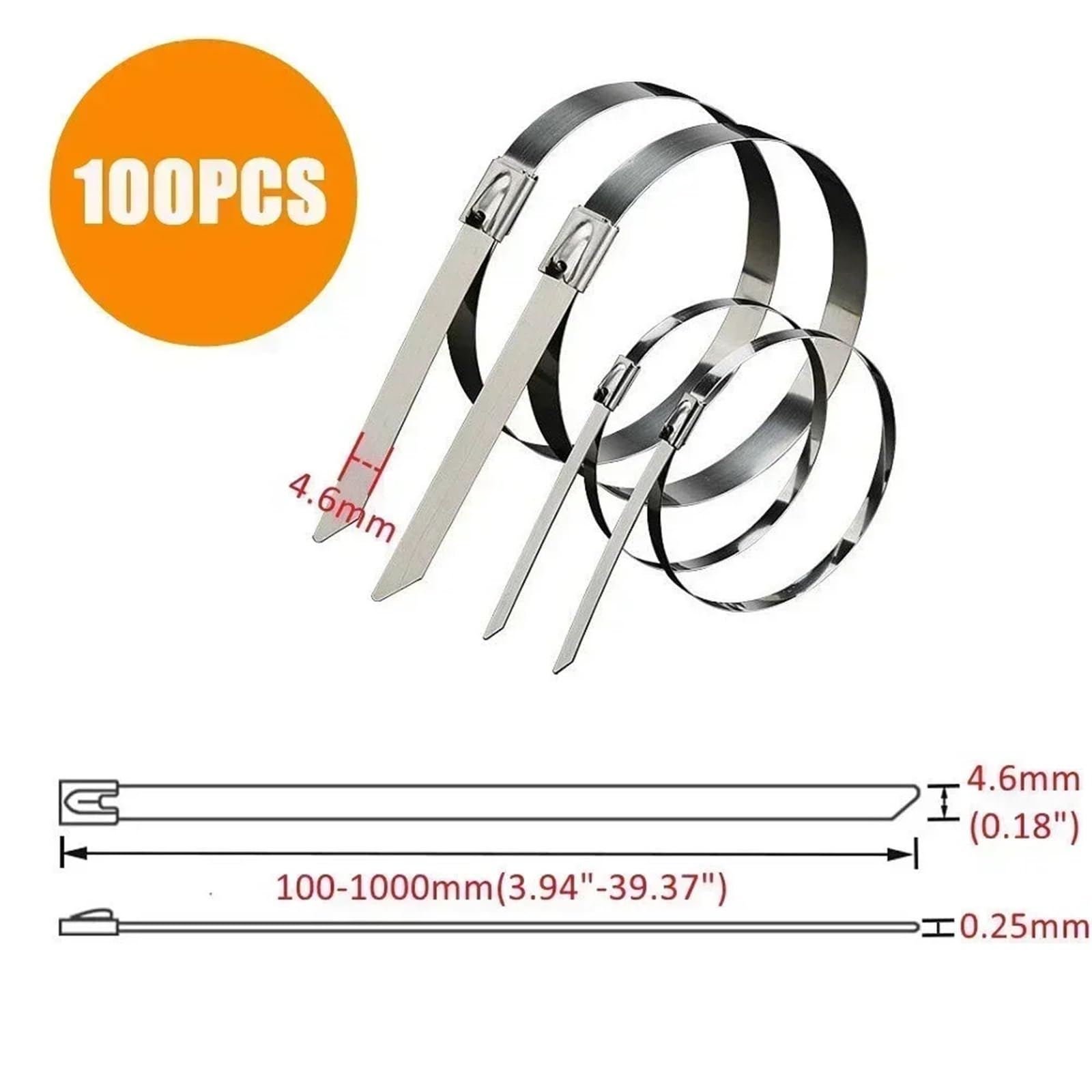 100 Fascette stringicavo in Acciaio Inossidabile, Fascette stringicavo Multiuso, autobloccanti, in Metallo, Lunghe 4,6/7,9/10/12 mm Fascette in Inox(4.6mm(0.18inch),1300mm(51.18inch))