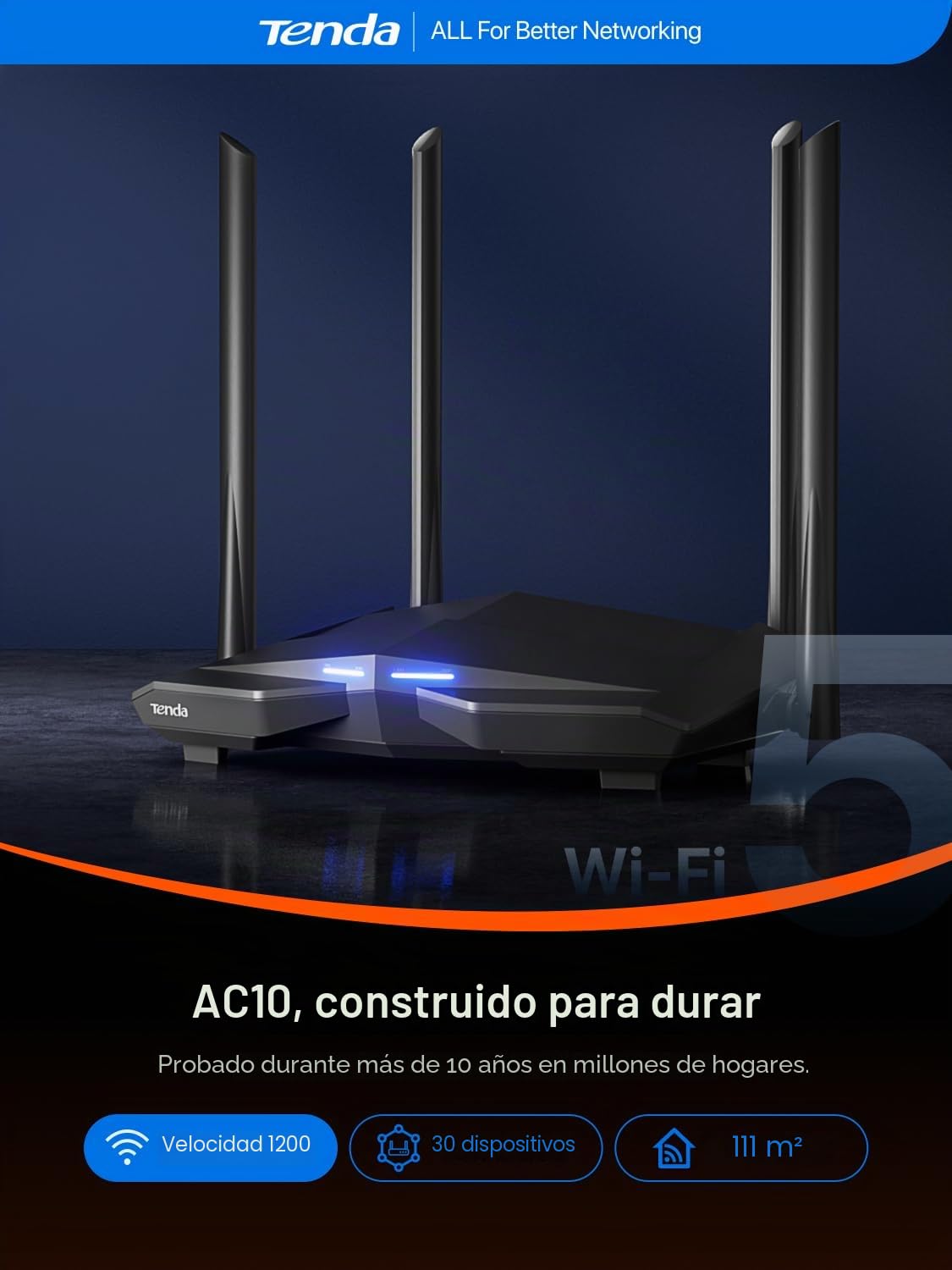 Tenda AC10 - AC1200 Router WiFi inalámbrico Gigabit, Doble Banda 5GHz 867 Mbps 2, 4 GB 300 Mbps, Gaming, Beamforming +, 4 Antenas 5 dBi, 4 Puertos LAN Gigabit, Dedicado para fibra de 200 MB y superior