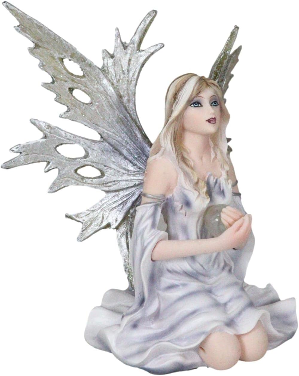 Ebros Gift Kneeling Frost Flake Icicle Oracle of The Stars Winter Frozen Fairy Holding Crystal Ball Figurine 4.5" Tall Fairy Garden Faerie Fantasy Sculpture