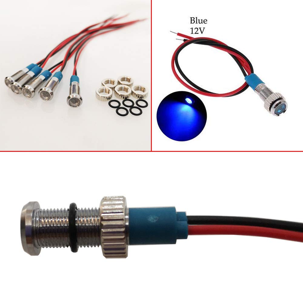 CESFONJER 5 szt. 6 mm 1/4 cala LED metalowa lampka kontrolna 12 V wodoodporna lampa sygnalizacyjna pilot deska rozdzielcza kierunkowa samochód ciężarówka, łódź z przewodem (kolor niebieski)