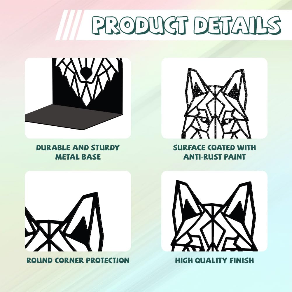 Peacoblue Metal Bookend Stopper Holder Stand for Shelves Decorative 5.3"x4.3"x7.5" Modern Creative Heavy Duty Study Book End for Desk Shelf 1 Pair (Geometric Wolf Head) - Image 3