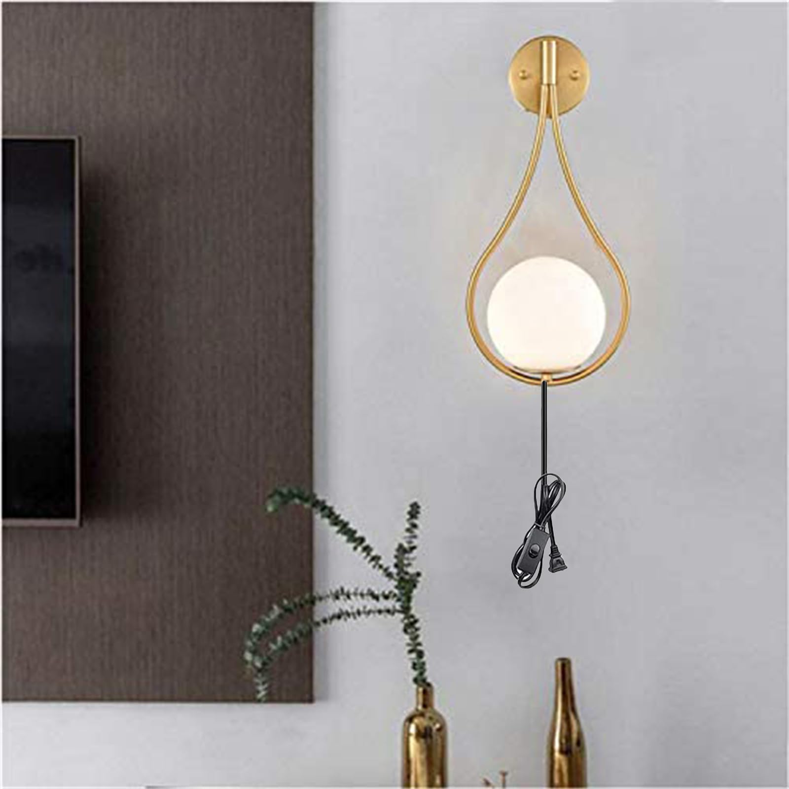 BHIAG Modern Wall Sconce with Switch Cord Industrial Wall Lamp Indoor White Glass Globe Wall Light Fixtures Teardrop Wall Lights Fitting Bedroom Living Room Bathroom Aluminium (Gold,1pcs)