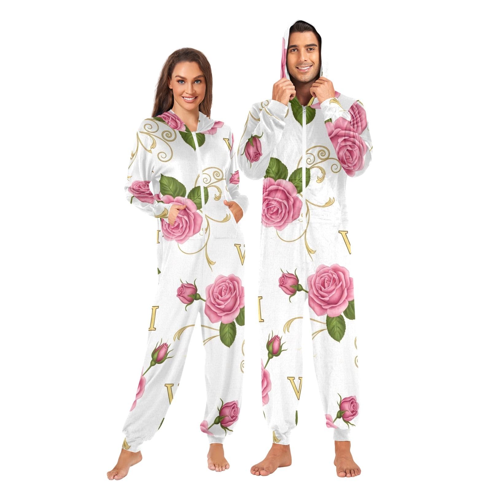 Tuta intera da adulto con rose rosa vintage, tuta intera con cappuccio in pile con cerniera, pigiama super morbido e caldo con tasca