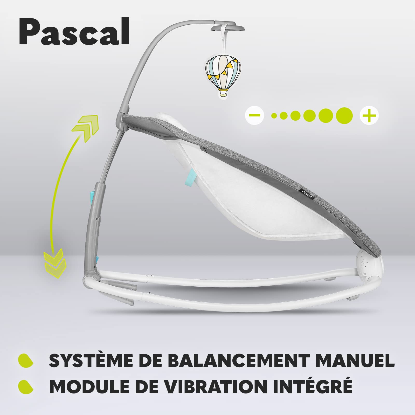 Lionelo Pascal transat bébé avec vibrations délicates, 12 mélodies avec réglage du volume, dossier réglable, barre à jouets interactifs, pliage compact