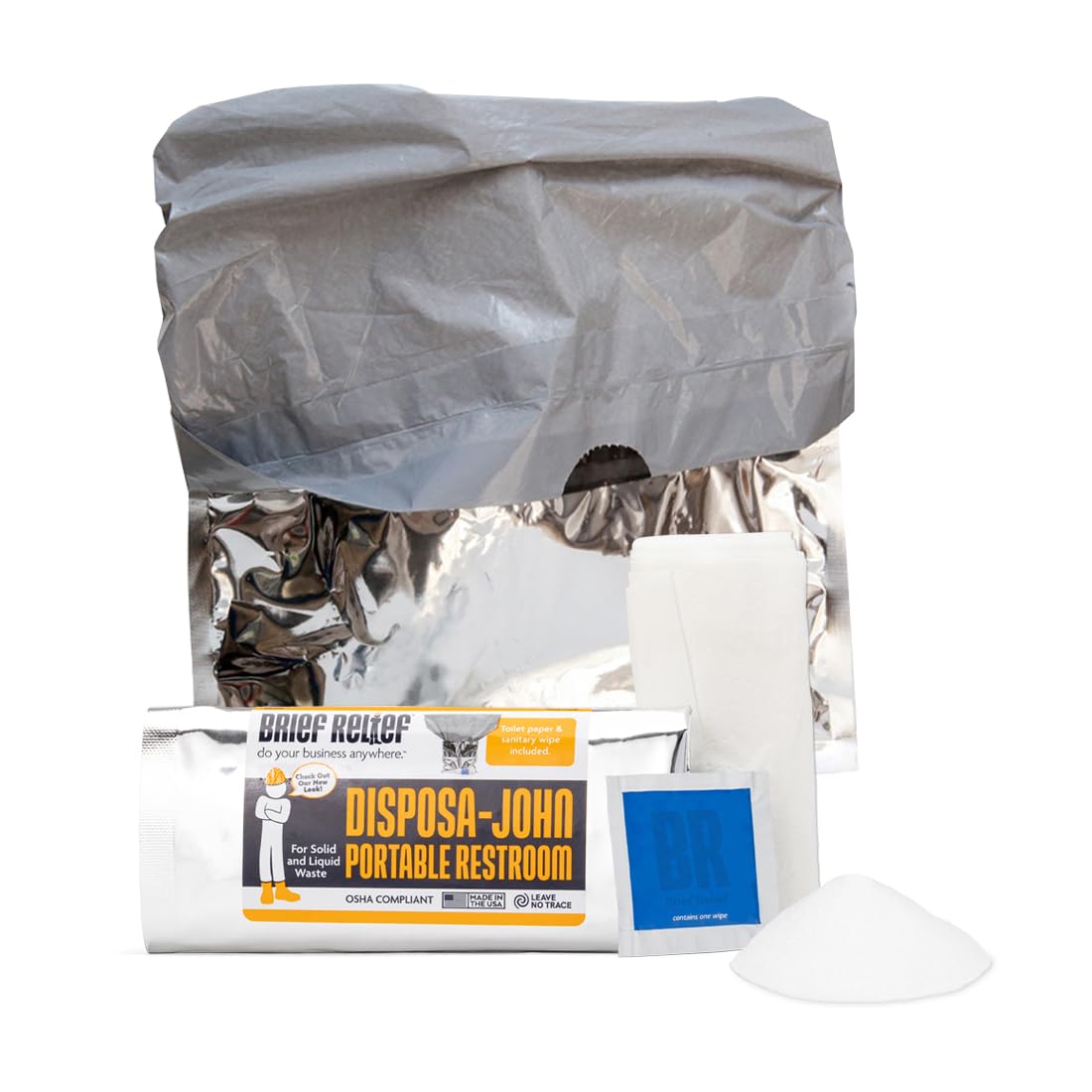 Brief Relief Disposa - John Portable Restroom(100 Pack) - No Leaks - Instant Gelling Powder for Urine/Poop - Wet Wipe&Toilet Paper (Construction Work, Outdoor Crews)