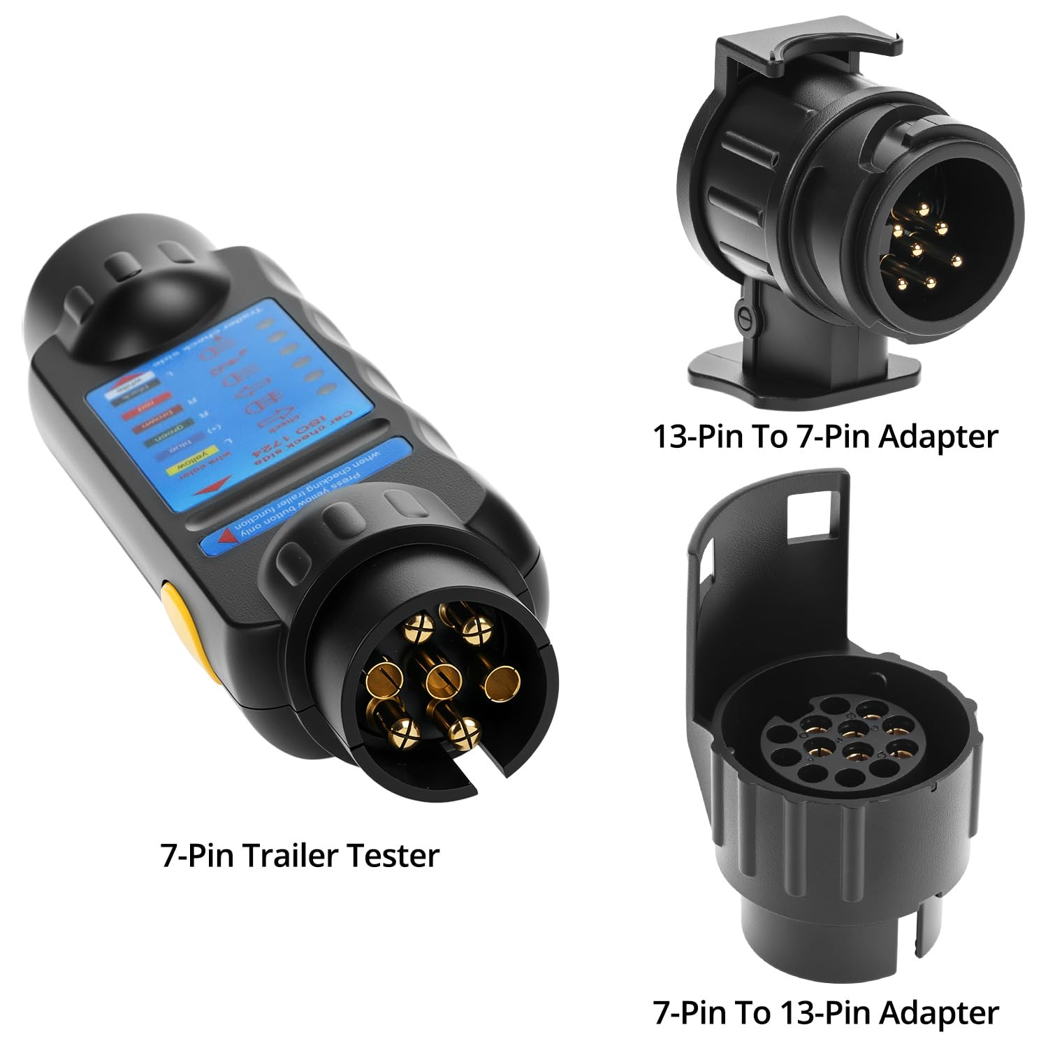 QWORK 7-pinowy tester przyczepy z 13-pinowym adapterem konwertera, do diagnostyki okablowania 12 V, do sprawdzania obwodów w samochodach, przyczepach kempingowych