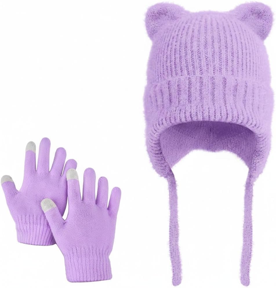 ZOORON Kids Winter Hat Glove Set for Boys and Girls, Cat Beanie with Warm Ear Flaps, Knit Skull Cap for Age 5-15 Years