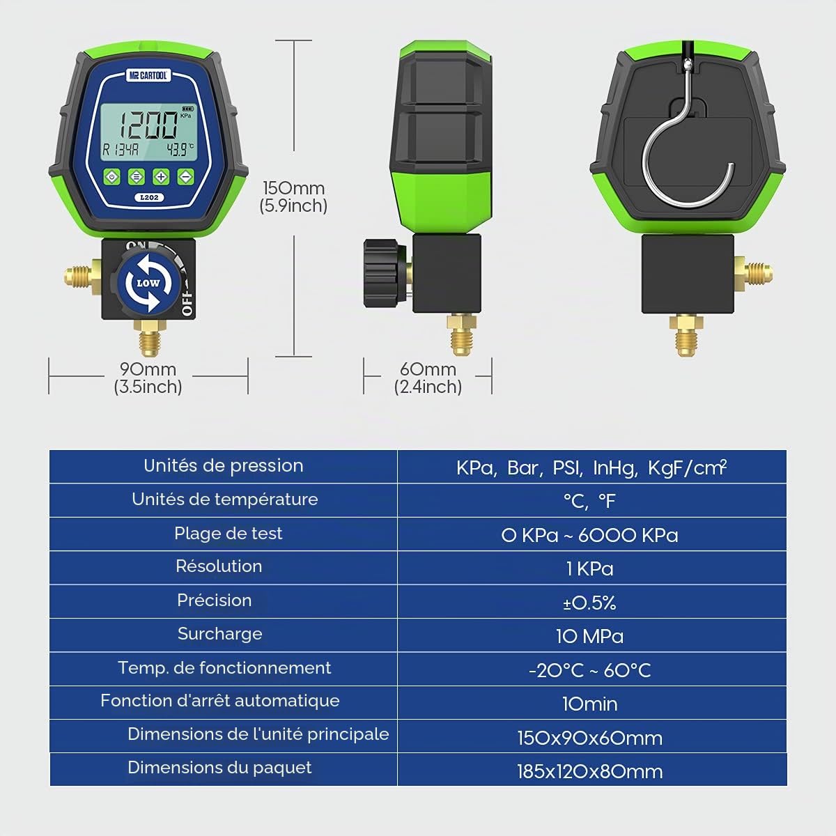 MR CARTOOL Manomètre Numérique Gaz Basse Pression HVAC Réfrigérant Collecteur Manomètres Numériques pour Systèmes de Réfrigération Climatiseurs R32 R410a