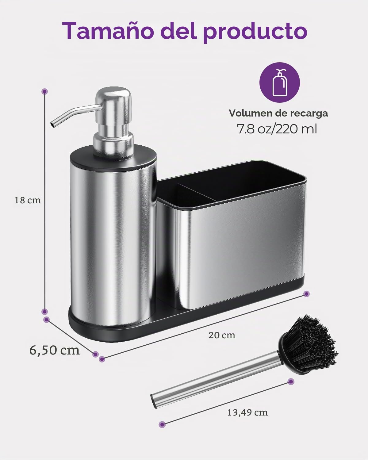 ODesign Set de dispensador de jabón de Cocina 3 en 1, dispensador para Platos de Acero Inoxidable con Soporte para Esponja, Cepillo y Soporte, Organizador para Fregadero, antióxido y Antideslizante