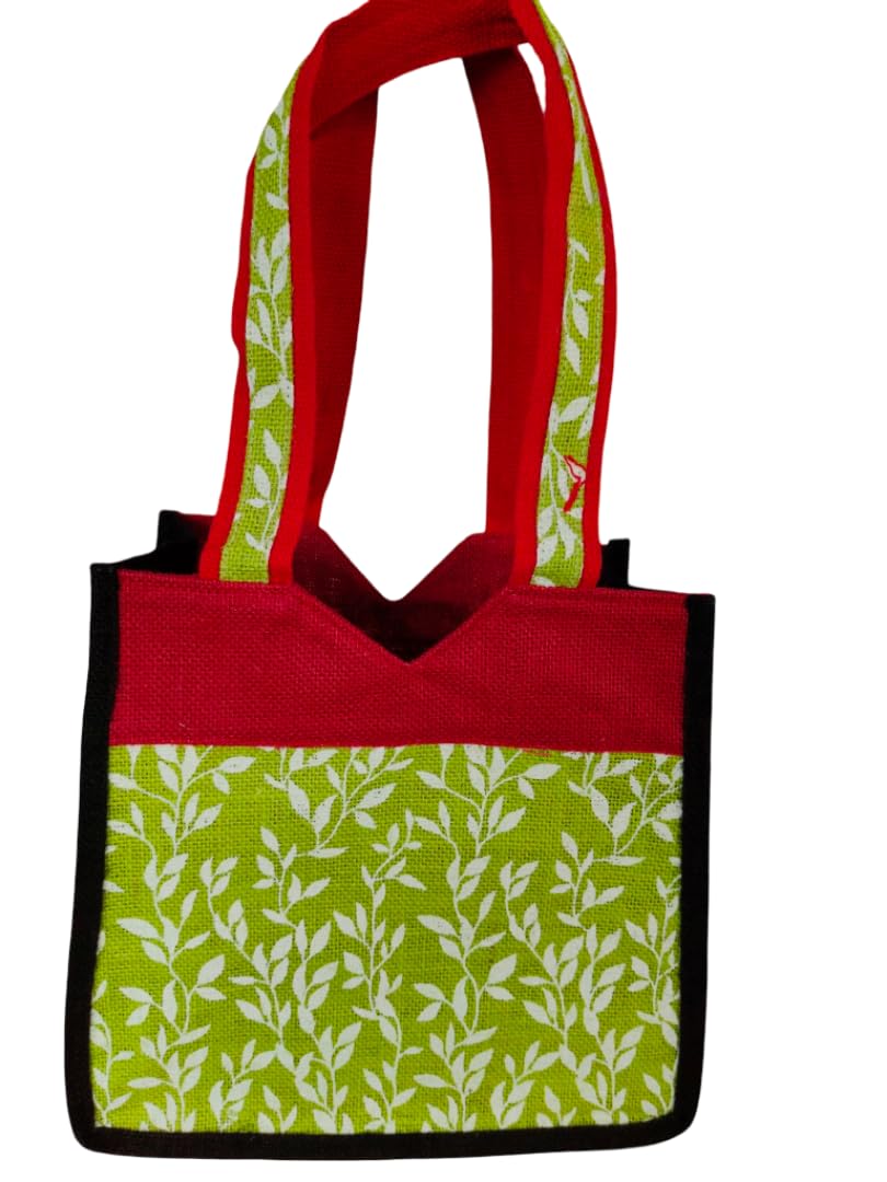 Decorative Jute Tote Bag with Floral Pattern, Red and Lime Green, Black Trim, Double Handle, Shopping Carry-All-image-29