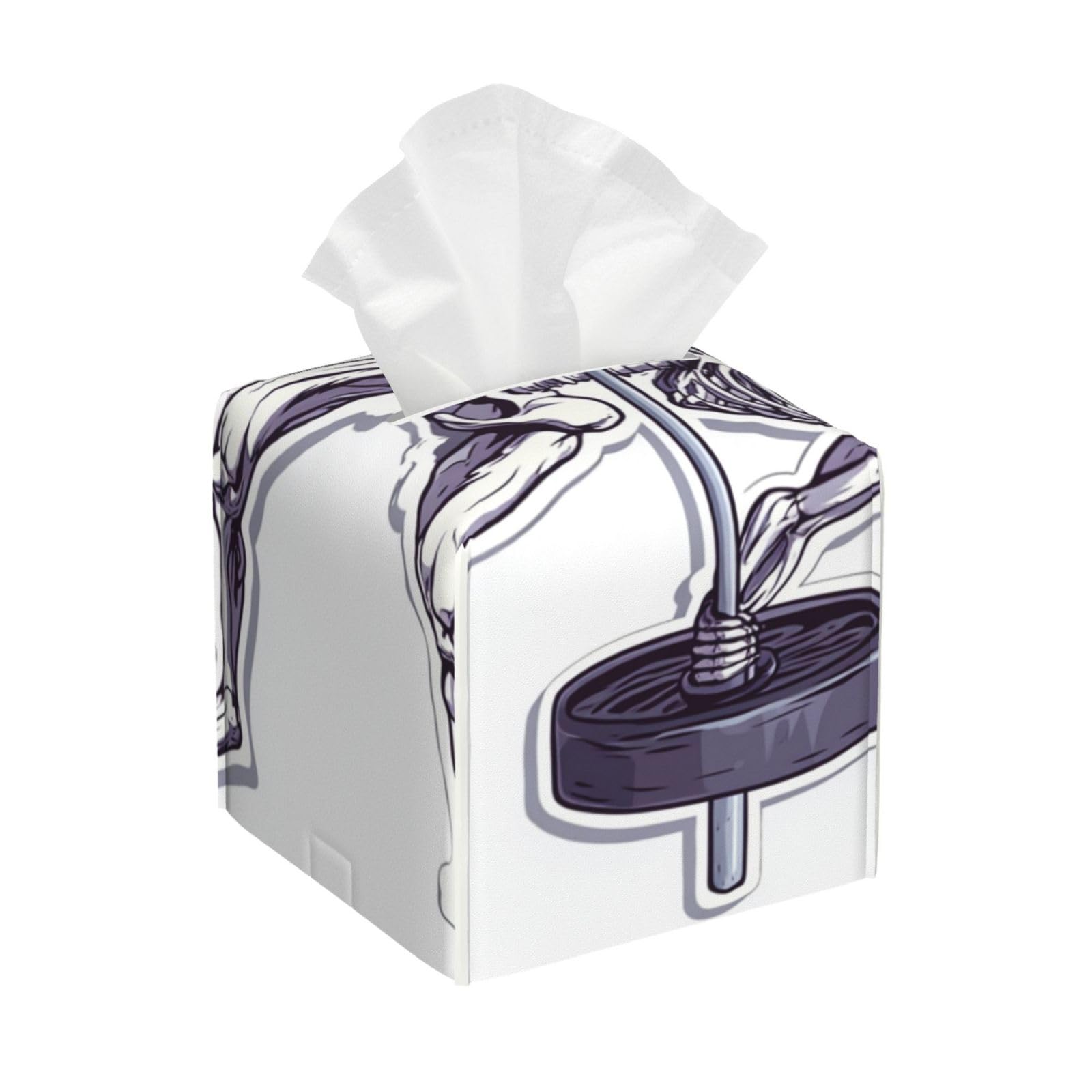 Funny Skeleton Weightlifting Tissue Box Cover Square Pu Leather Waterproof Tissue Box Holder for Car Bathroom Bedroom Office Tabletop Decor
