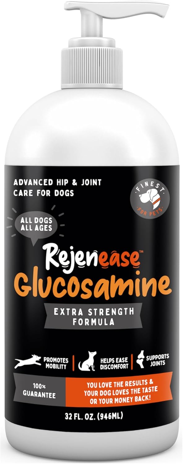 Liquid Glucosamine for Dogs with Chondroitin, MSM & Hyaluronic Acid (32oz). Hip & Joint Supplement Supports Better Mobility & Promotes New Cartilage. Eases Joint Stiffness. Rejenease, Made in USA