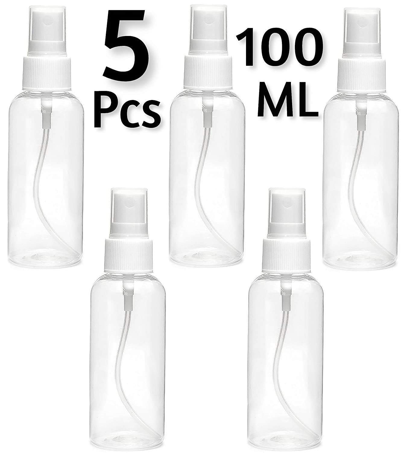 HOME CUBE Refillable Spray Empty Bottle for Home Office Car Travel Cleaning, Fine Mist 100ml (Transparent) - Set of 5