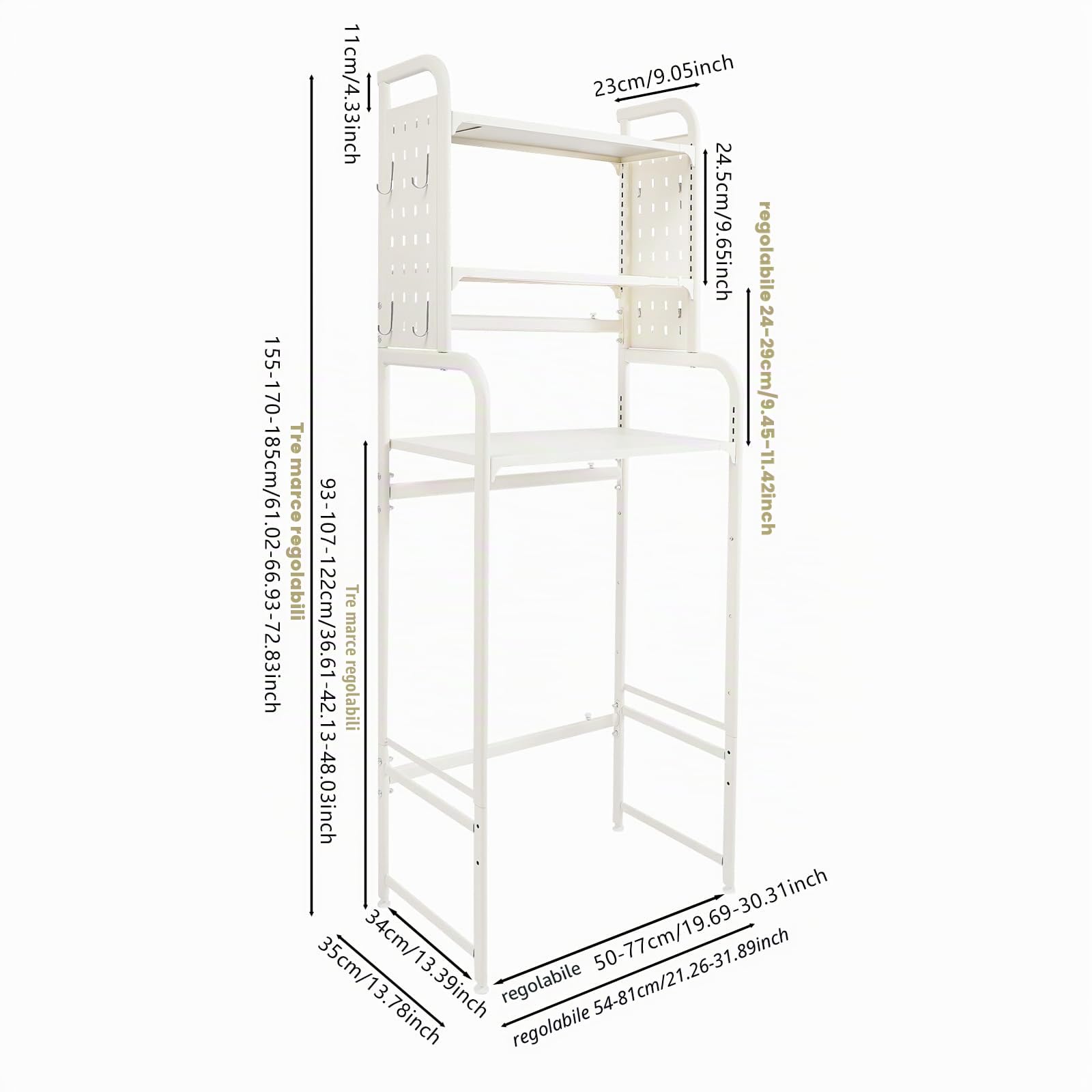 Scaffale per lavatrice, lunghezza allungabile, 3 ripiani, mensola sopra la lavatrice, scaffale per WC regolabile in altezza (bianco)