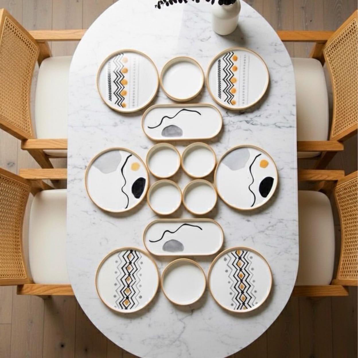 Ensemble de petit-déjeuner 14 pièces pour 6 personnes - Série Axial empilable - Vaisselle en céramique Kütahya faite à la main avec assiettes de service et bols - Passe au lave-vaisselle