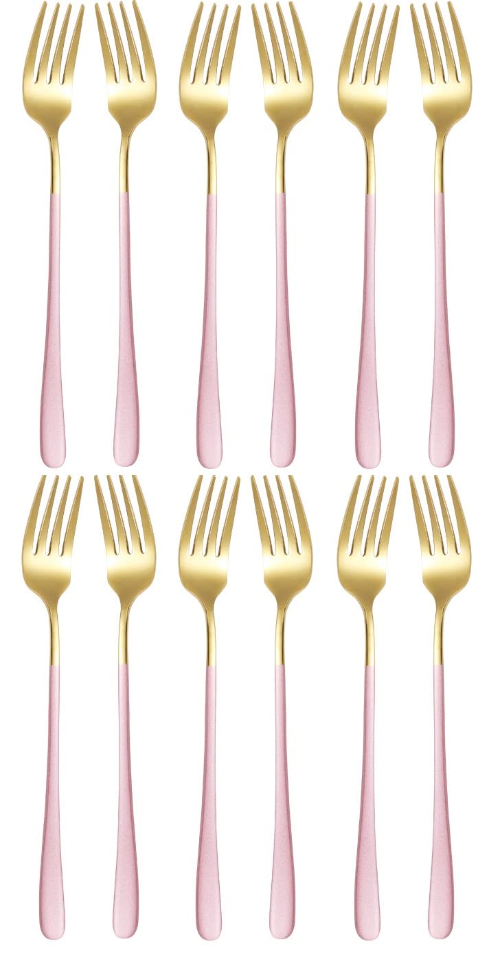 DORMICO Gold Dinner Fork 12 Pieces, 304 Stainless Steel 21cm Forks Spoon with Colorful Plating Handle Silverware, Pink Color Forks Set of 12 (Gold-Pink, Pack of 12)