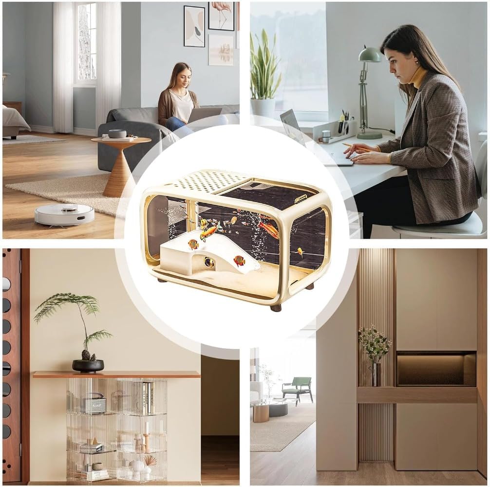 Queeningetクライミングデコレーション付きフィッシュボウル水景水槽,上部給餌口付き透明生体ケースエビ・スネール水生植物ベタ対