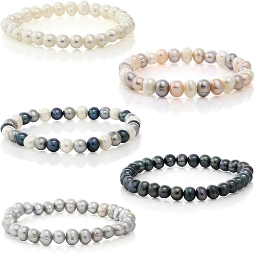 Gem Stone King Juego de 5 pulseras elásticas de perlas de agua dulce cultivadas multicolor de 75 pulgadas Perla Perlas de agua dulce genuinas