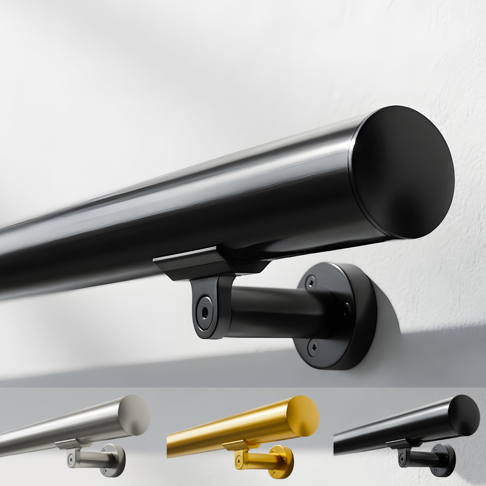 9FT Aluminum Handrail Kit for Indoor/Outdoor Stairs – (2–18 FT Available) – 1.97" Round Wall Mount Stair Railing, Matte Black, with Adjustable Steel Brackets – Complete DIY Grab Bar Kit – ARESSCORP