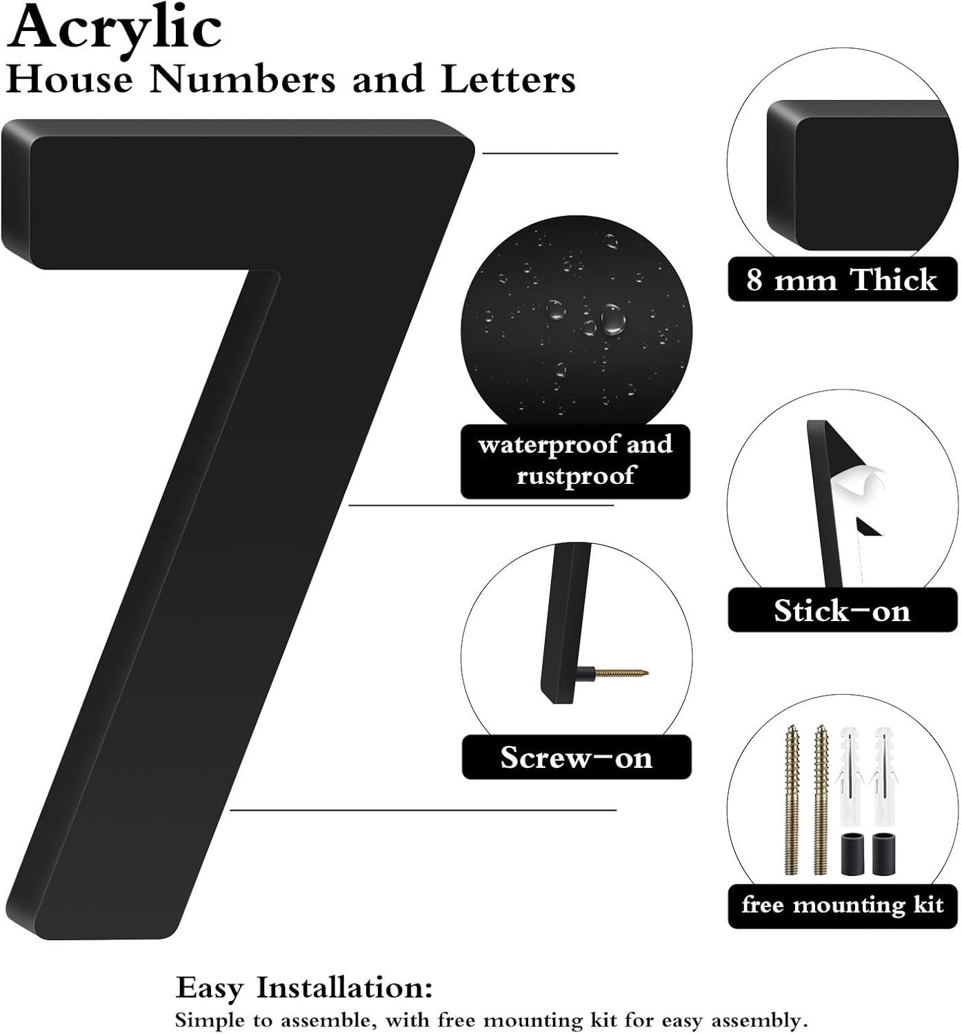 16 Inch Floating Acrylic House Numbers Letters, Adhesive Acrylic House Address Numbers for Outside, Modern Black Adhesive Address Letter and Number for Home Office Apartment (A)