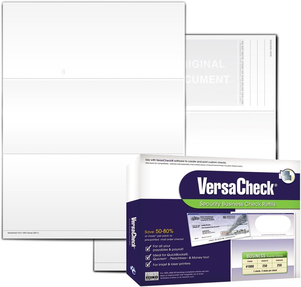 VersaCheck Secure Checks - 250 Blank Business Voucher Checks - White Canvas - 250 Sheets Form #1000 - Check on Top