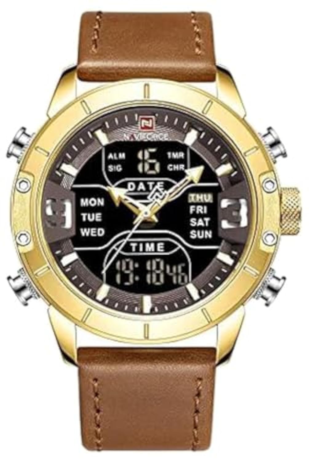 Naviforce Watch for Men, Quartz Movement, Analog-Digital Display, Brown Leather Strap-9153L G-B-L.BN, brown, bracelet