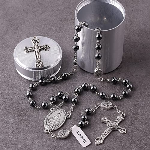 HanlinCC 6mm Hematite black stone beads Miraculous Rosary Necklace with Cross Metal Gift Box ofr Men and Women3