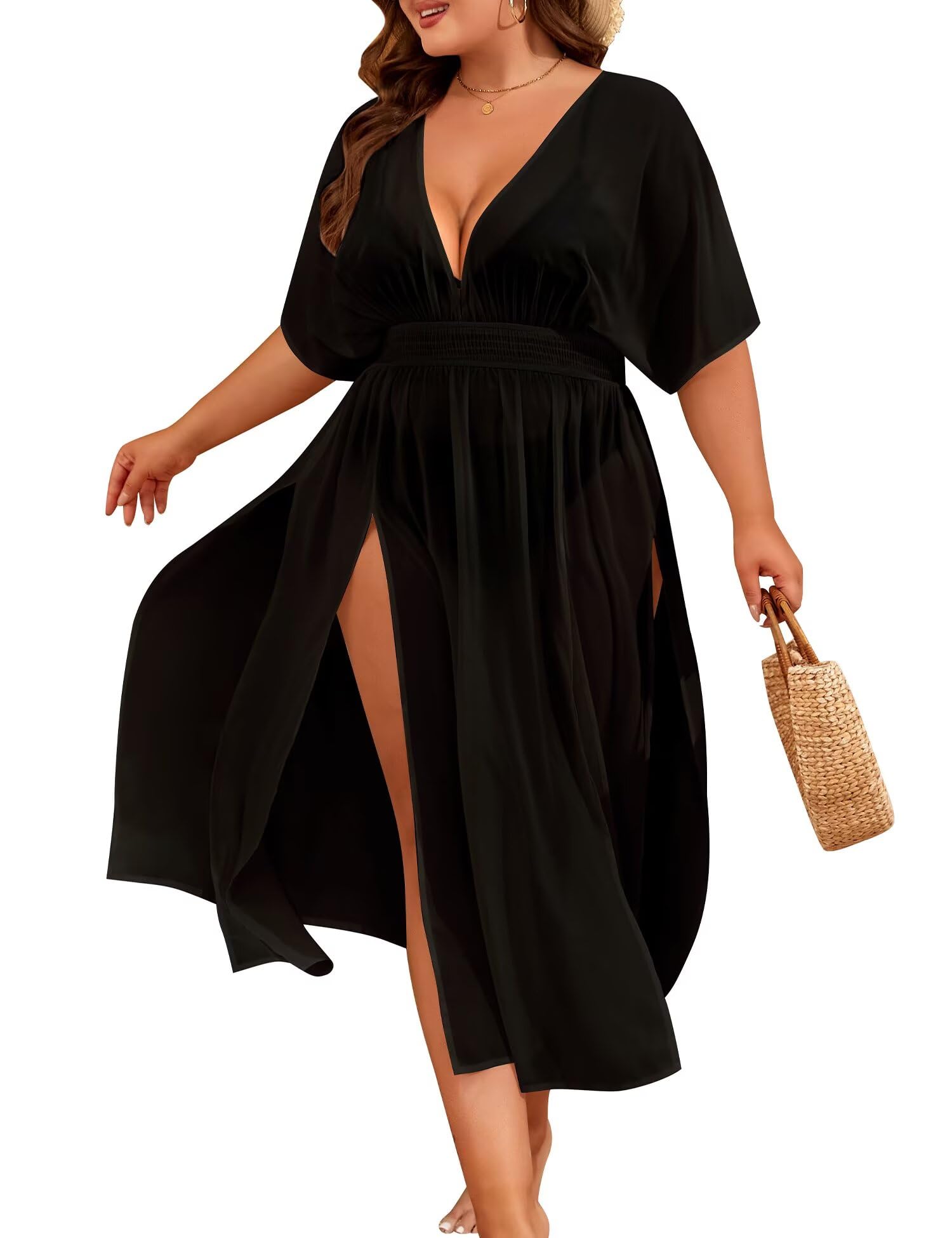 SWOMOG Women Plus Size Swimsuit Cover Up Bikini Bathing Suit Sexy Deep V Neck Swim Beach Dresses Summer