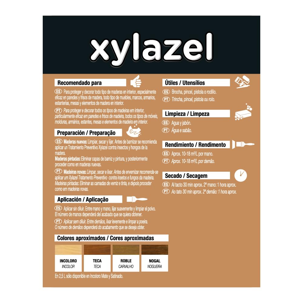 Xylazel Barniz al agua para mobiliario y elementos de madera Interior, Mate, Incoloro 2,5 L