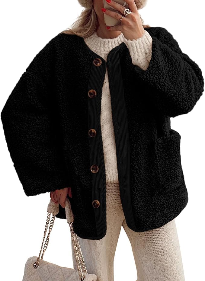 Chapsor Women's Fuzzy Fleece Jackets Long Sleeve Button Down Fuzzy Sherpa Outerwear with Pockets