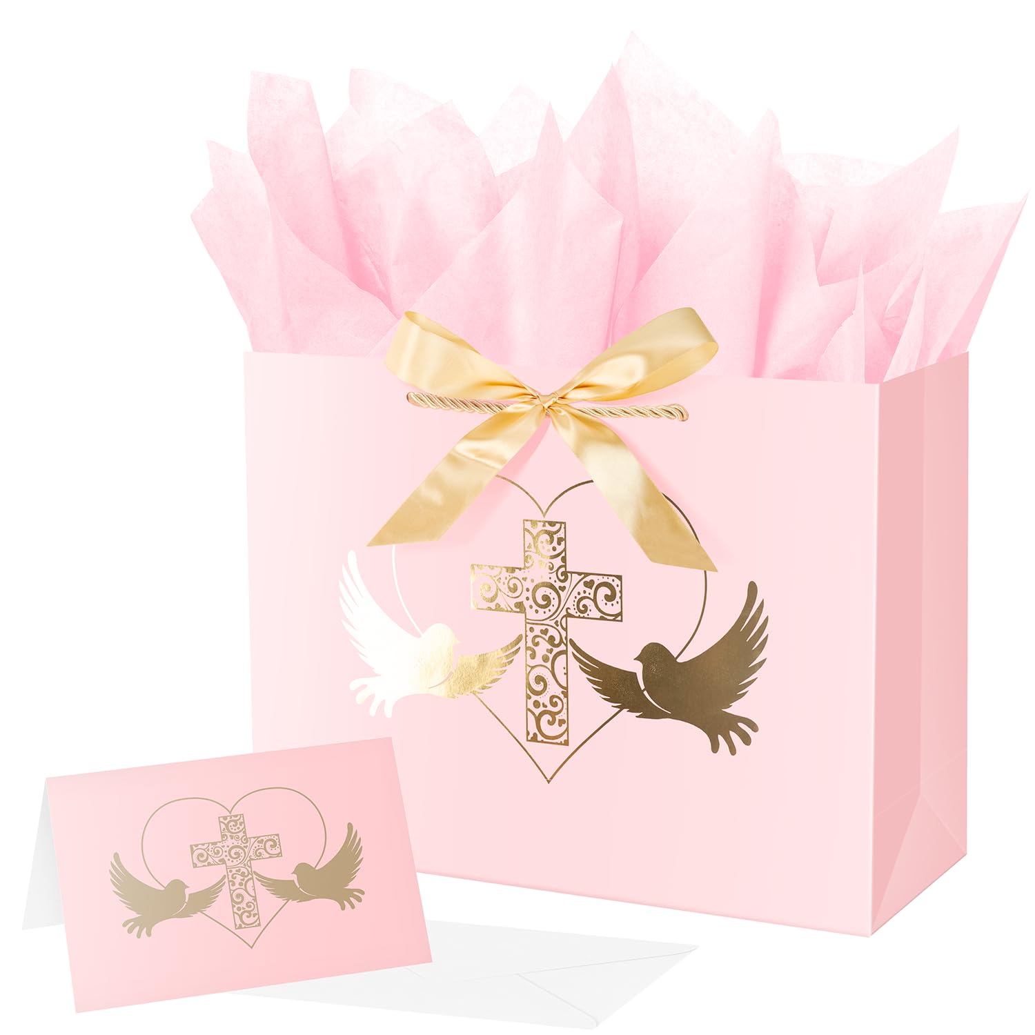 Linelglobal Baptism Gift Bag with Tissue Paper for Girl Pink Cross Gift Bag for Christenings First Communions Religious 12.6"