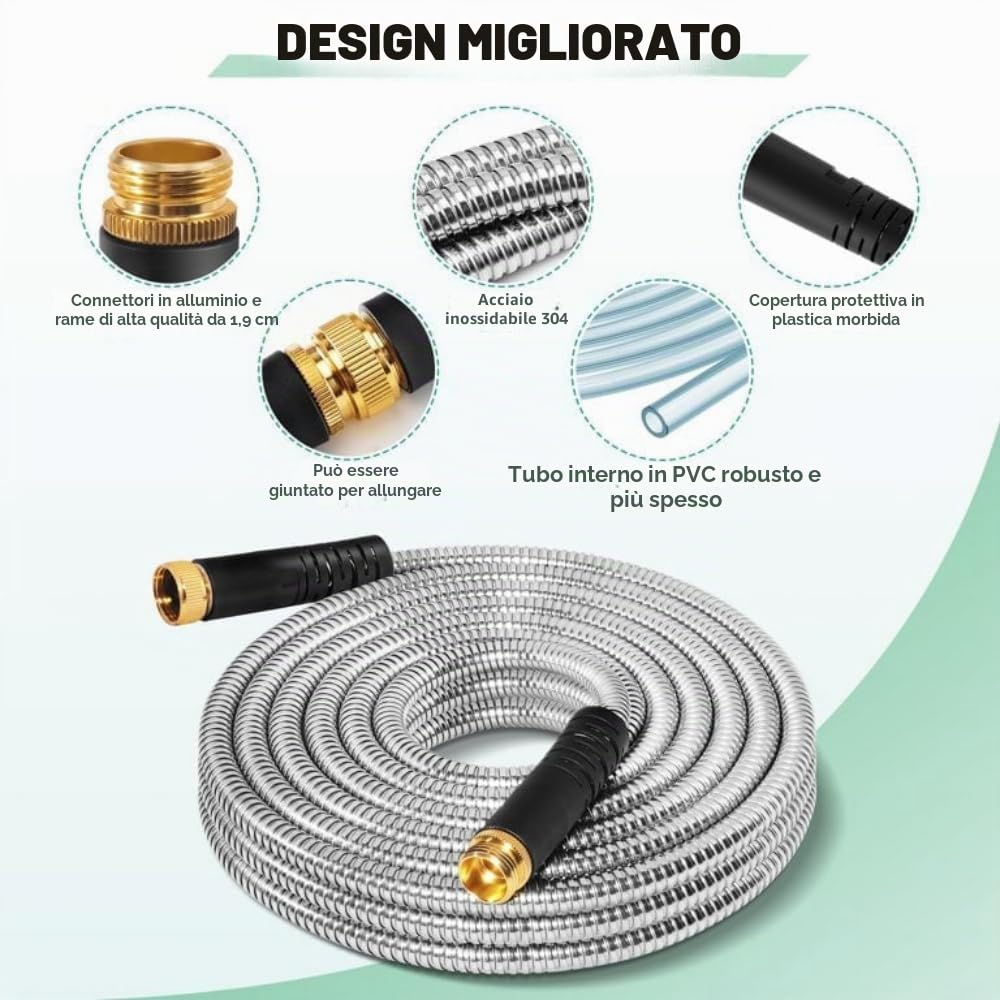 Tubo da giardino in metallo da 30,5 m, in acciaio inox, flessibile e resistente, non si attorciglia, 15,2 m