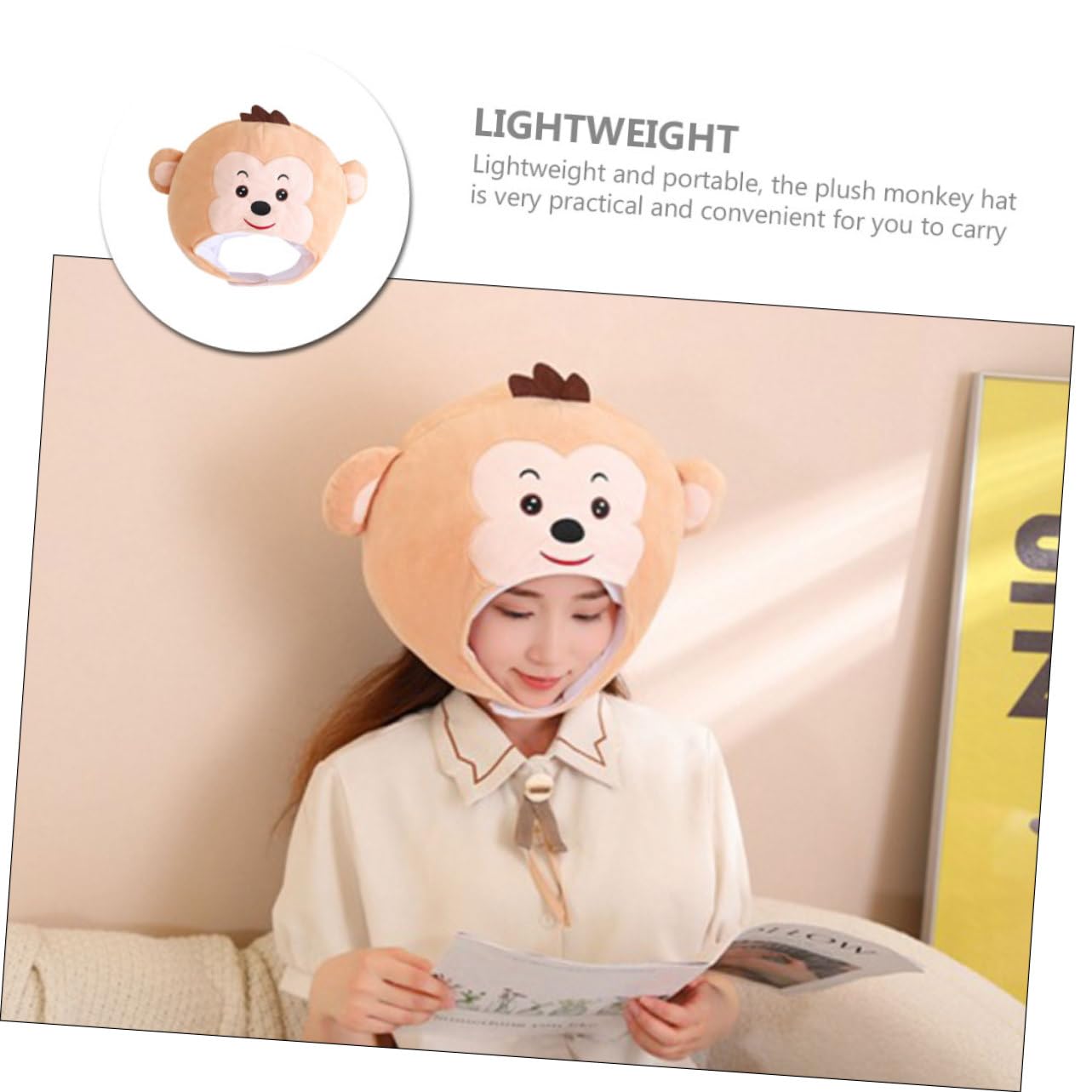 Cappello Peluche Scimmia da Cosplay, Accessorio Costume Leggero Beige