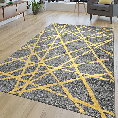 TT Home Alfombra De Salón Moderna A Rayas Pelo Corto Abstracta Líneas Amarillo Y Gris, Tamaño:160x230 cm