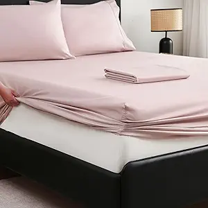 MEISHANG Extra Deep Pocket King Sheets Cotton - 1000 Thread Count Sheet Set - Fits 18"-24" in Deep Mattress,100% Egyptian Cotton,Sateen Weave, Soft & Breathable - 4 Piece (King, Light Pink)