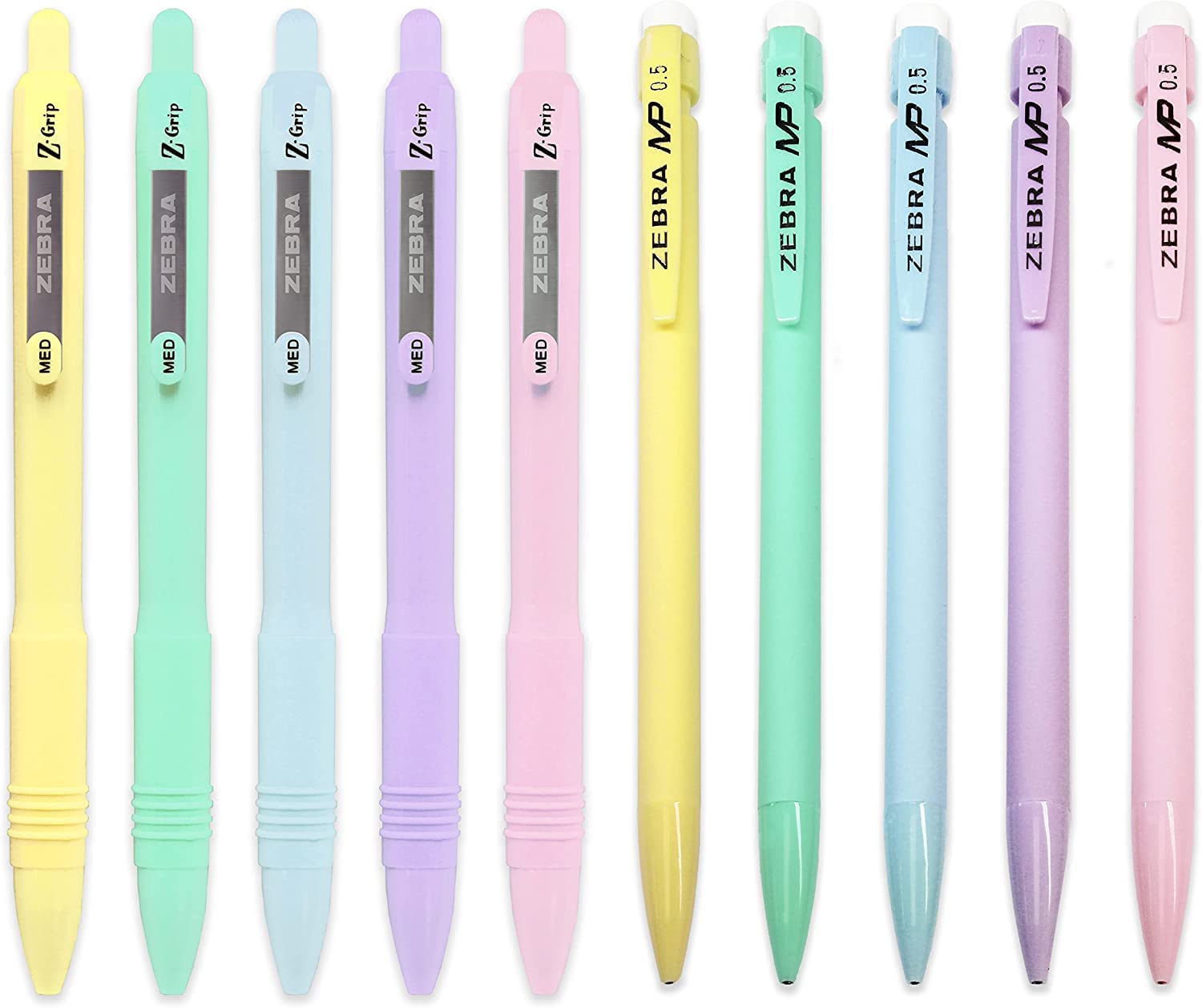 Zebra Z-Grip Smooth Ballpoint Pens & MP Mechanical Pencils - 1 of Each Pastel Barrel - In Envelope Gift Packaging - Pack of 10